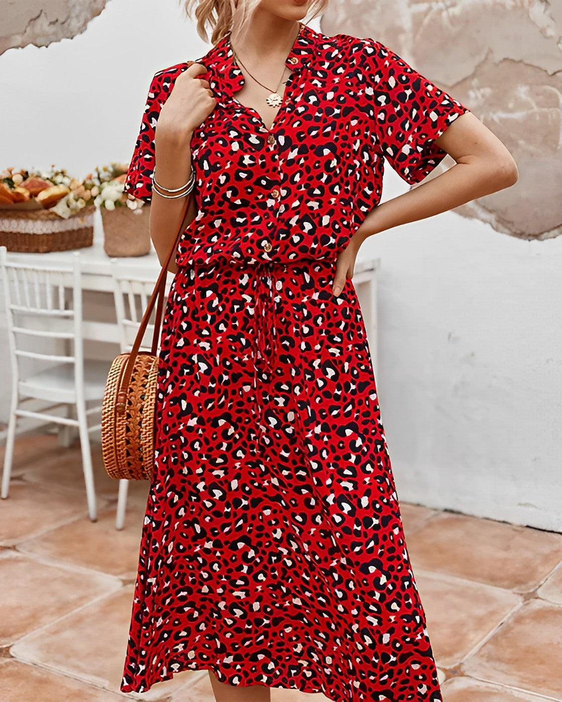 Women Polka Dot Short-Sleeve Button-Down Midi Dress | Althea