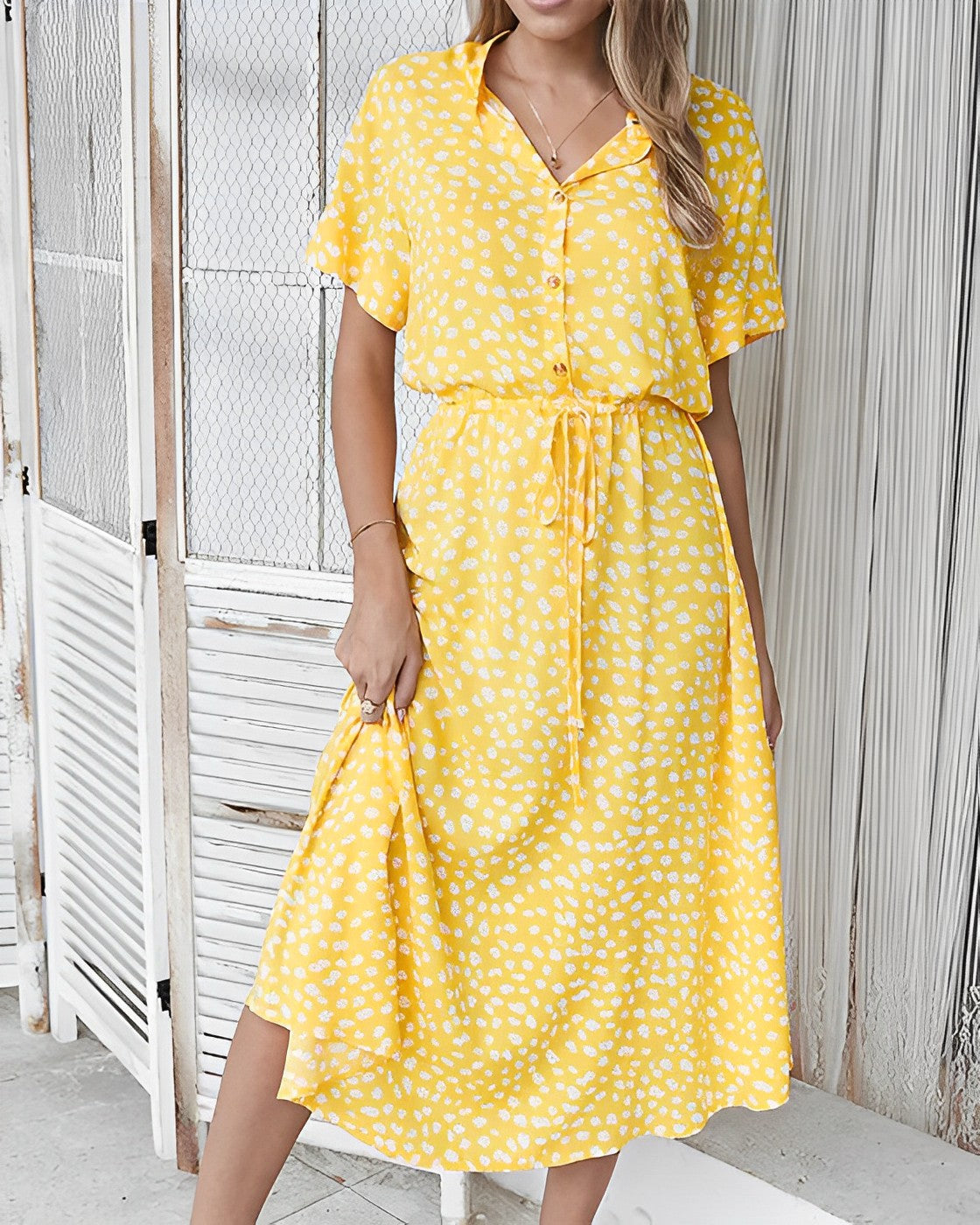 Women Polka Dot Short-Sleeve Button-Down Midi Dress | Althea