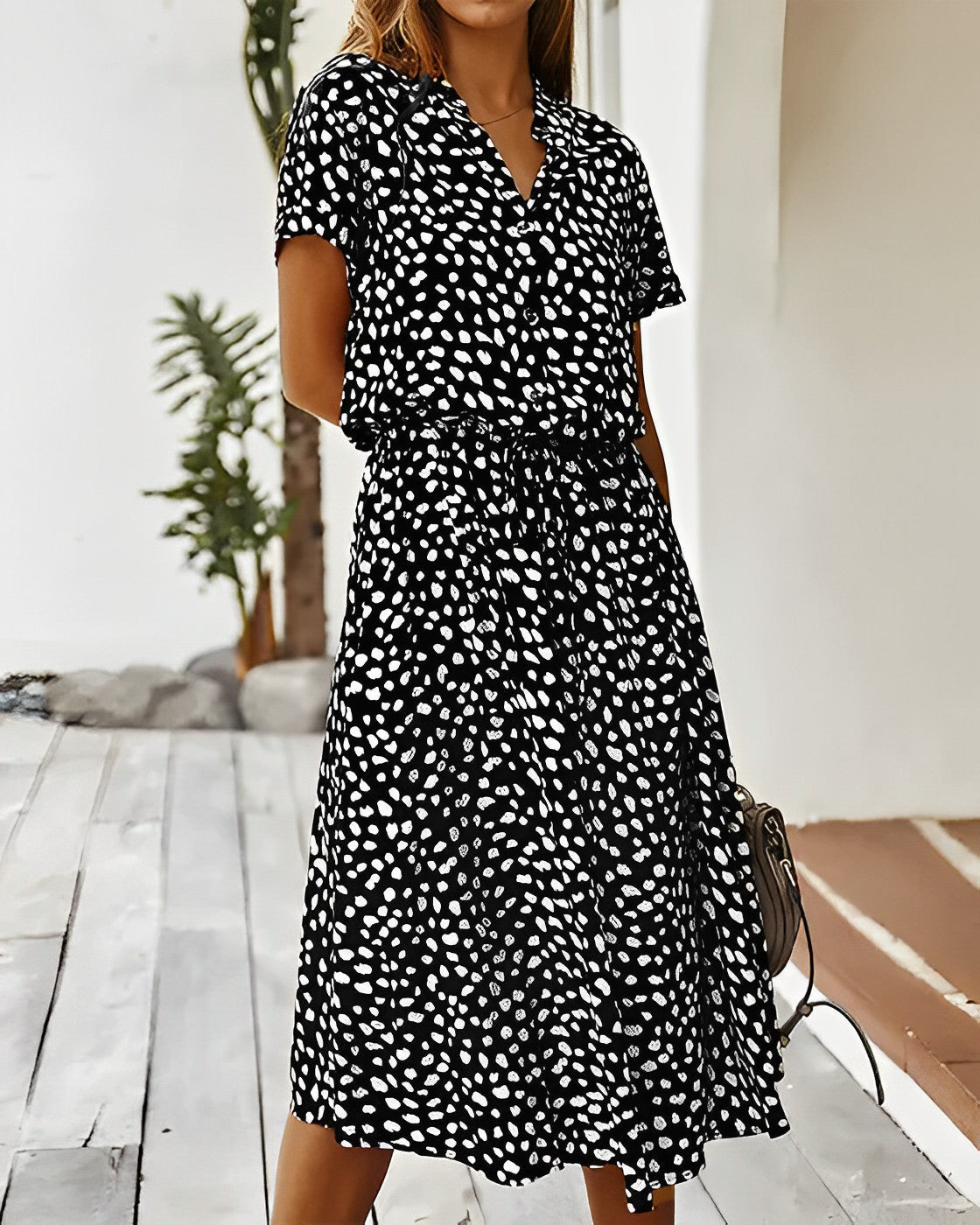 Women Polka Dot Short-Sleeve Button-Down Midi Dress | Althea