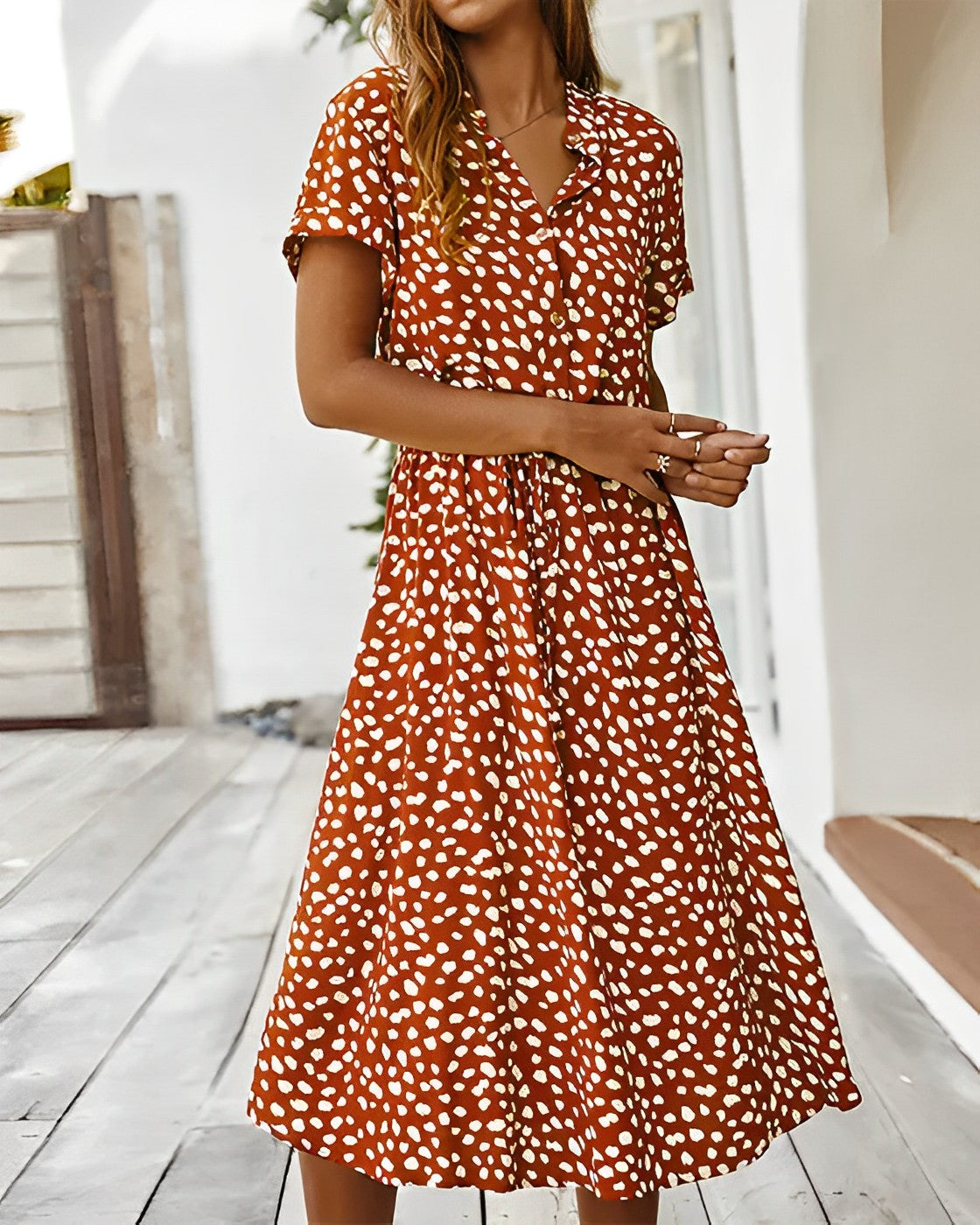 Women Polka Dot Short-Sleeve Button-Down Midi Dress | Althea