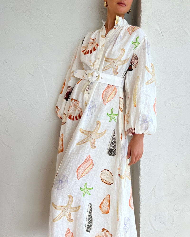 Women Seashell Printed Maxi Shirt Dress | Audrey