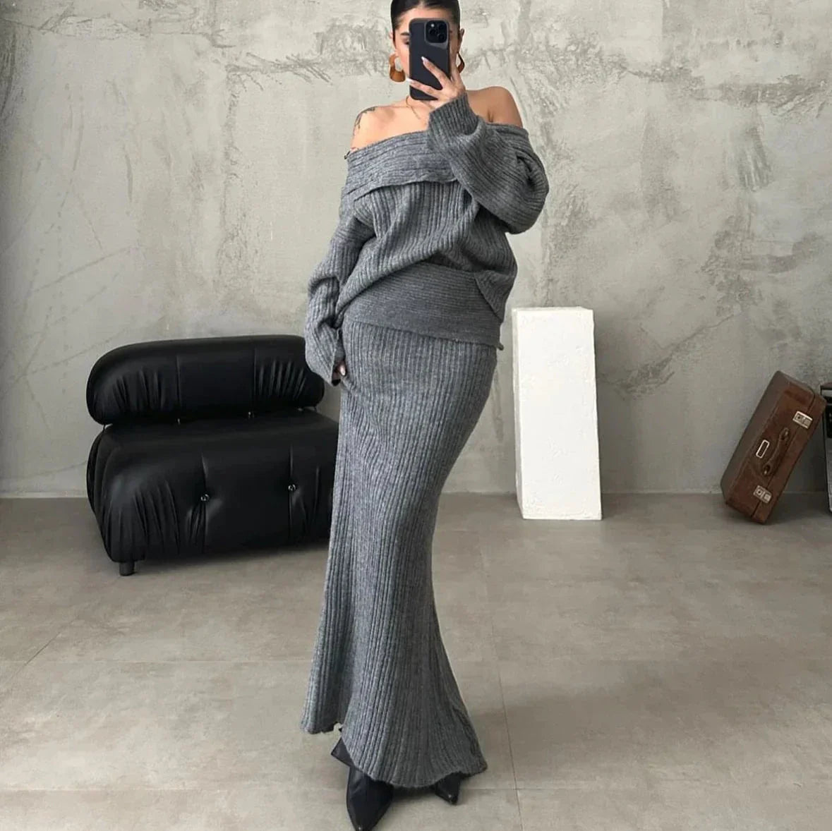 Variant image for Women Off-the-Shoulder Sweater Set Knitted | Clara-5