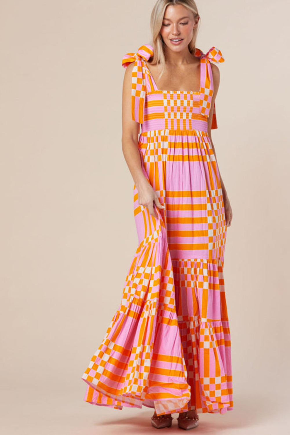 Women Boho Gingham Smocked Maxi Dress with Tied Straps | Amelia