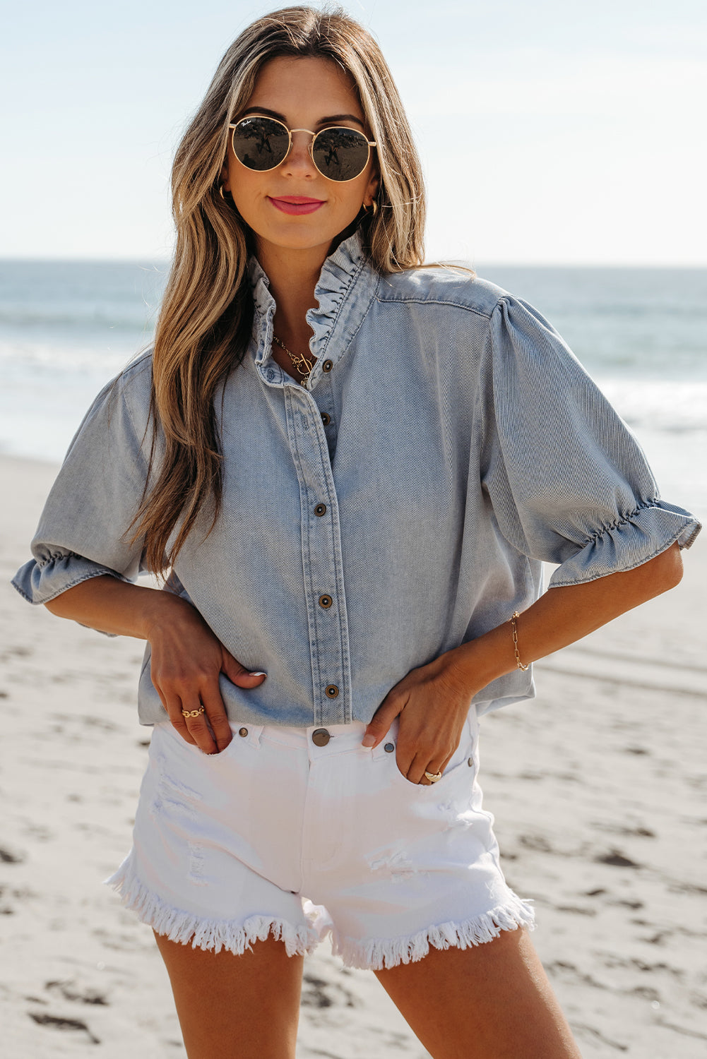 Women Ruffle Blouse Blue Chambray Lightweight | Summer Breeze-3
