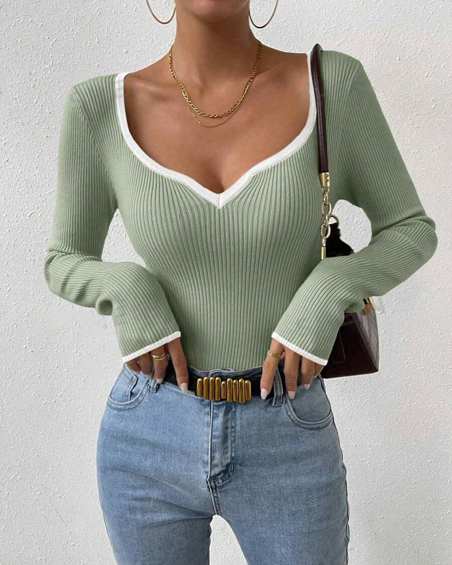 Women Ribbed Contrast Trim Top | Leontina