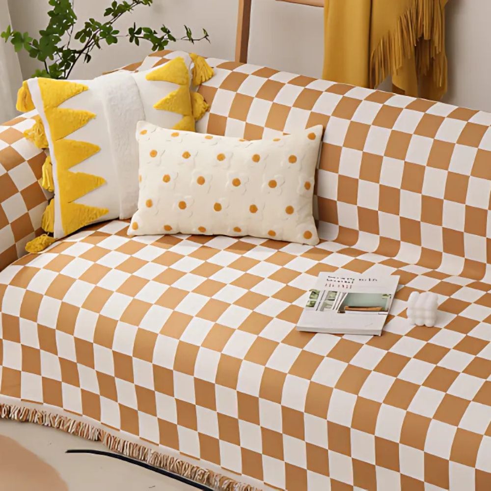 Sofa Cover Grey Microfibre Chenille | Checkerboard Design 5