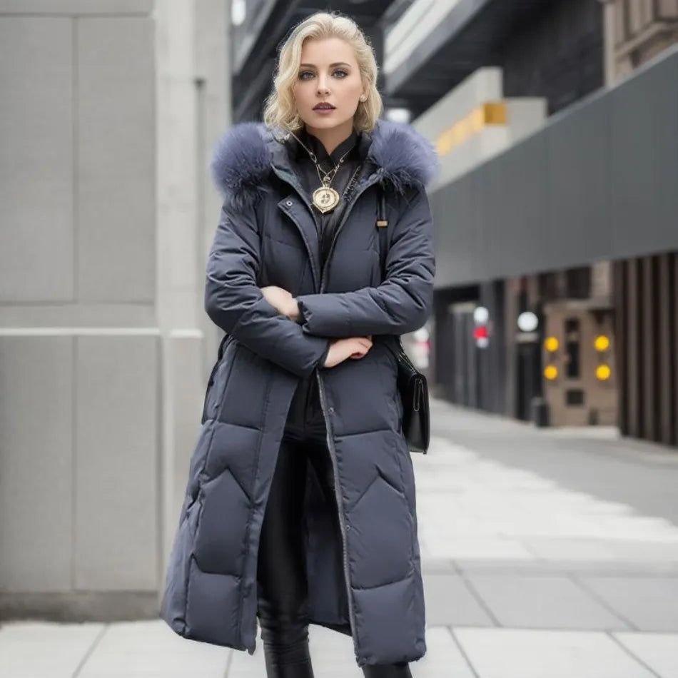Women Long Puffer Coat with Faux Fur Hood | Tania