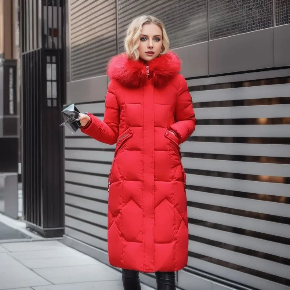 Women Long Puffer Coat with Faux Fur Hood | Tania