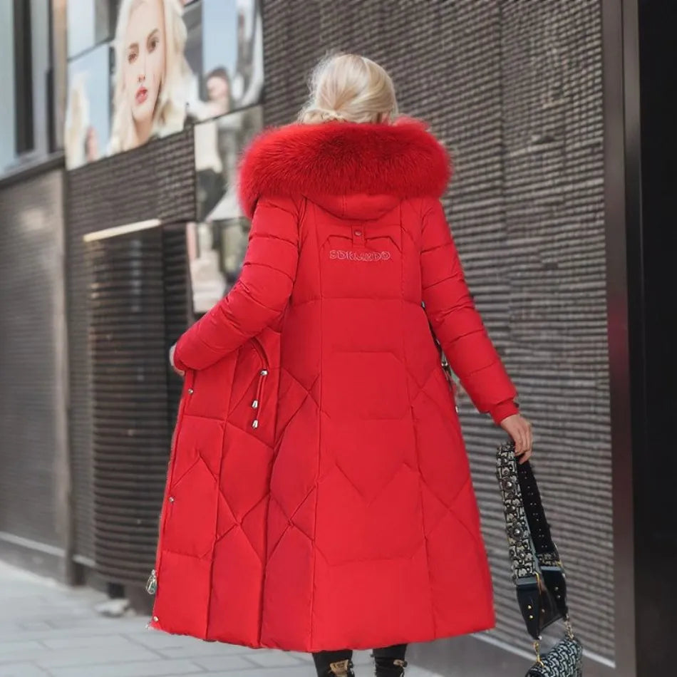 Women Long Puffer Coat with Faux Fur Hood | Tania