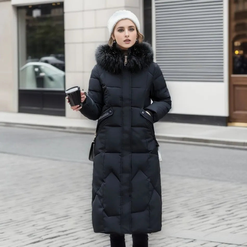 Women Long Puffer Coat with Faux Fur Hood | Tania