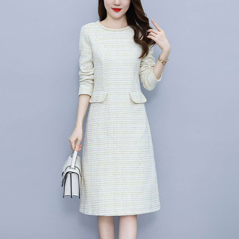 Women Elegant Tweed Midi Dress with Long Sleeves and Pocket Details | Genevieve