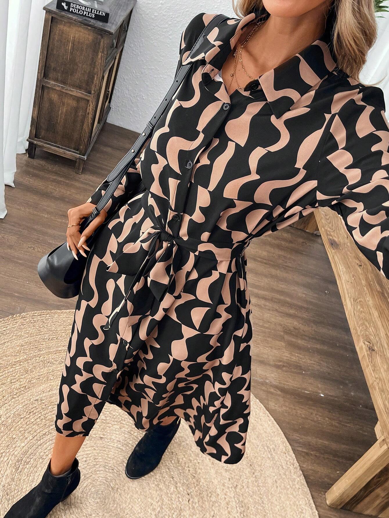 Geometric Printed Belted Midi Dress | Lucy