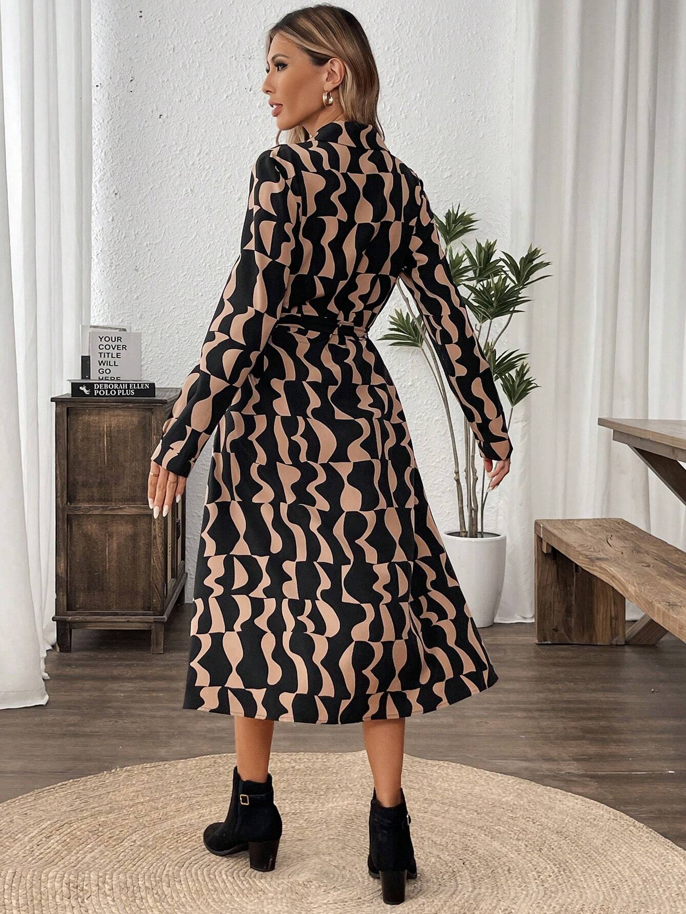 Geometric Printed Belted Midi Dress | Lucy