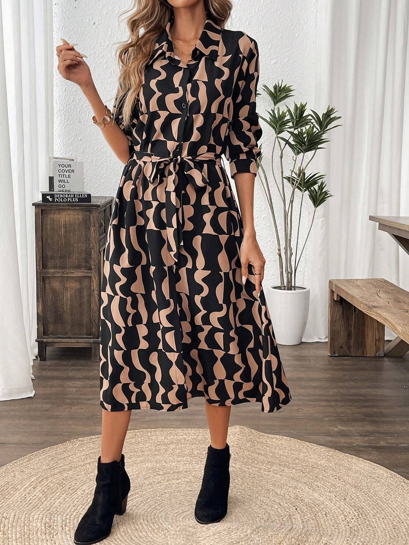 Geometric Printed Belted Midi Dress | Lucy