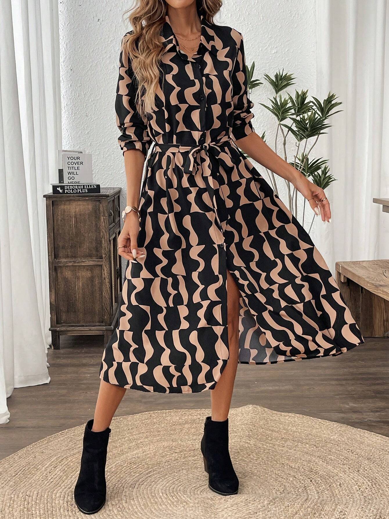 Geometric Printed Belted Midi Dress | Lucy