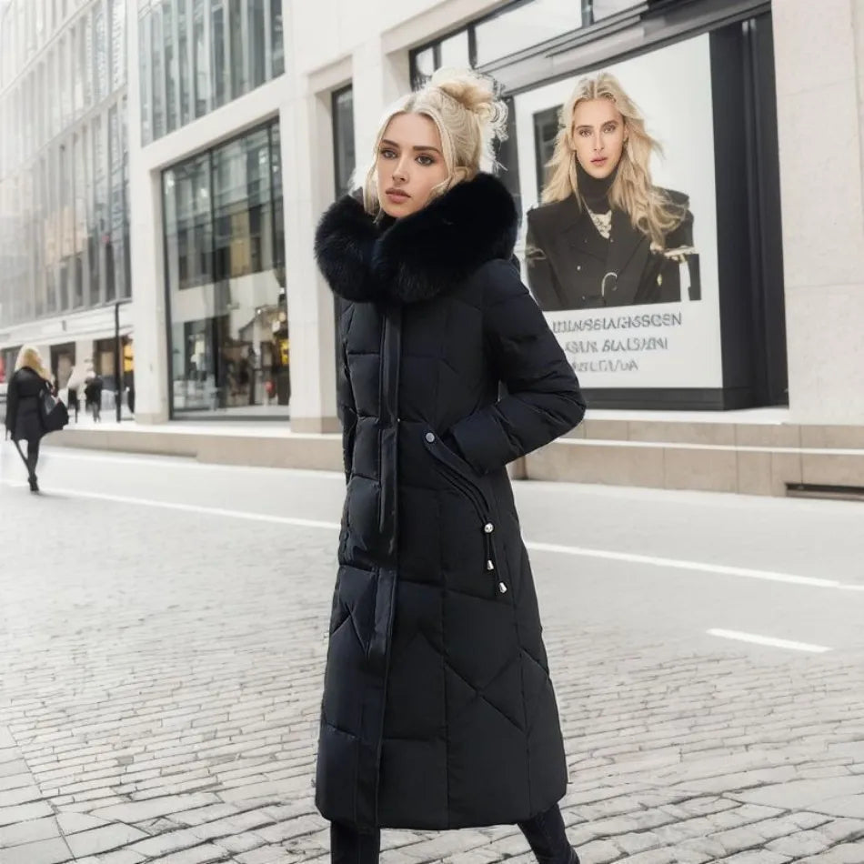Women Long Puffer Coat with Faux Fur Hood | Tania