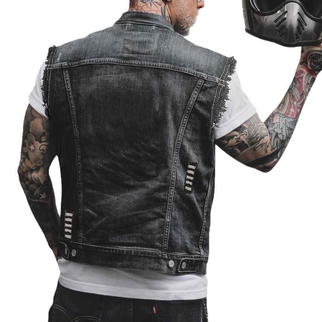 Distressed Denim Biker Vest | Allan