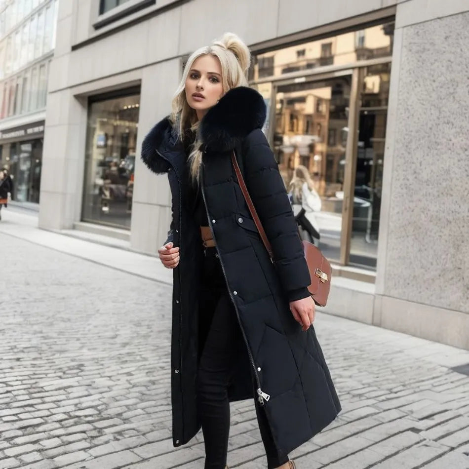 Women Long Puffer Coat with Faux Fur Hood | Tania
