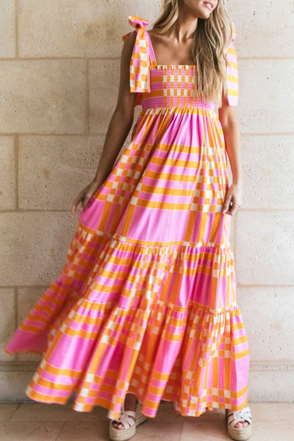 Women Boho Gingham Smocked Maxi Dress with Tied Straps | Amelia