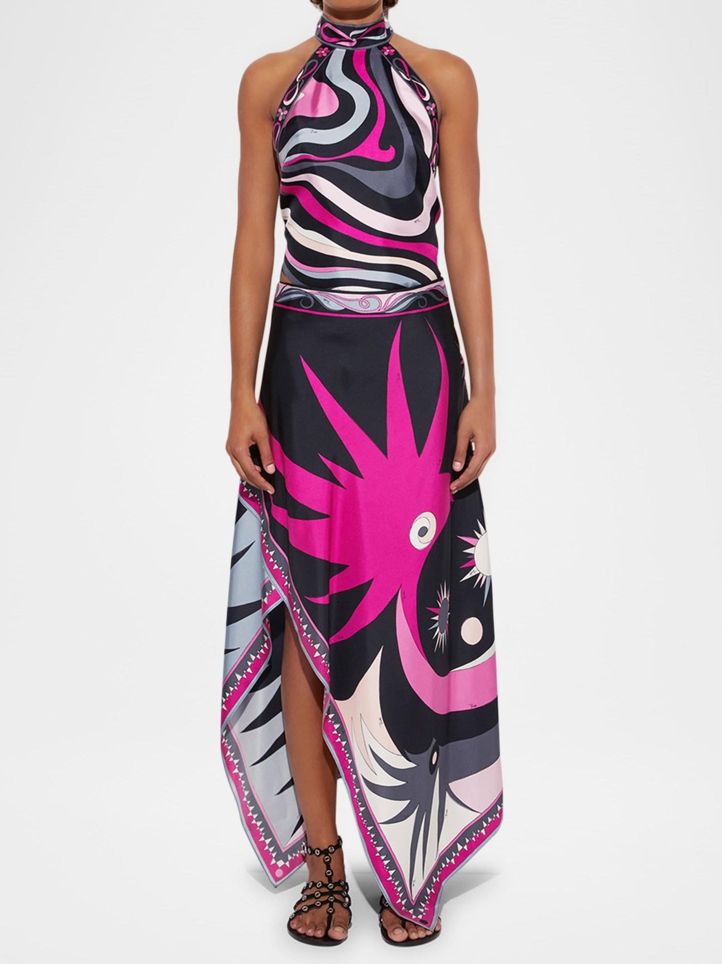 Women Two Piece Skirt Set Black Pink Polyester | Artistic Elegance-1
