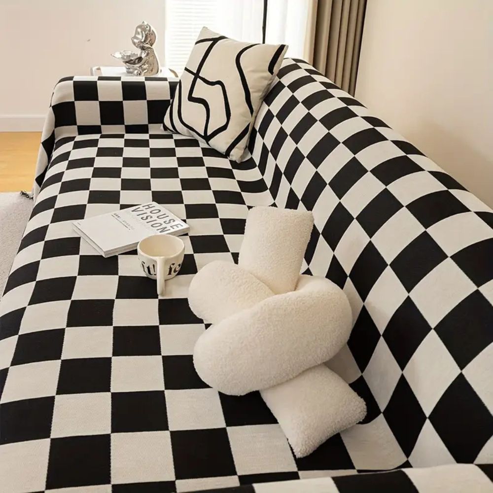 Sofa Cover Grey Microfibre Chenille | Checkerboard Design 3