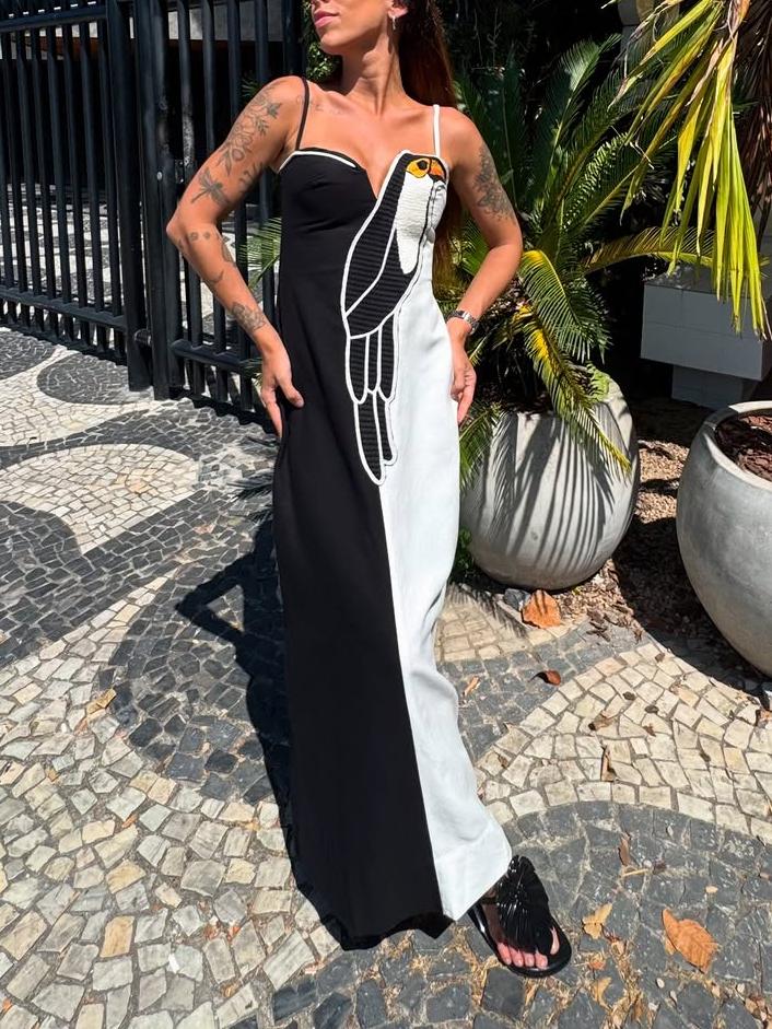 Variant image for Women Maxi Dress Black and White Cotton-Linen | Parrot-1