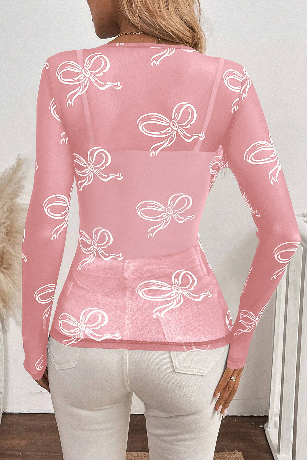Women Mesh Bow Long Sleeve Top | Meloria