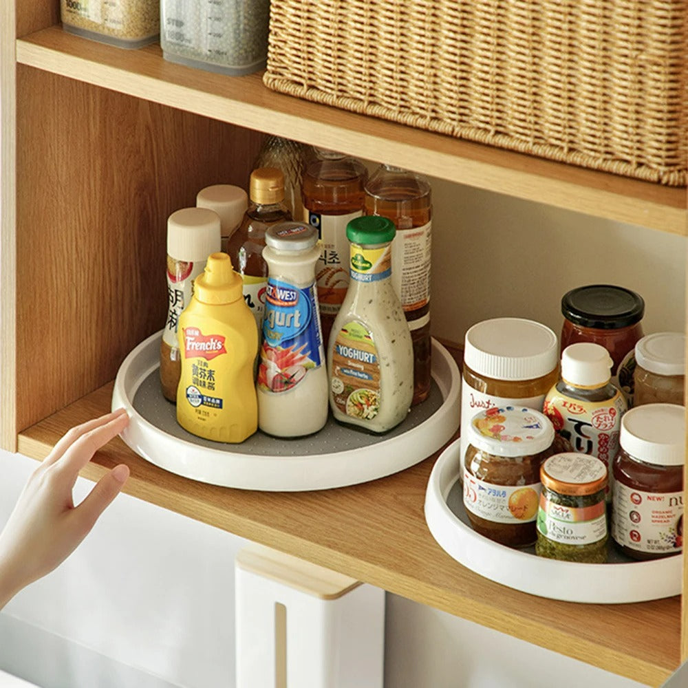 2-Tier Rotating Kitchen Organizer with Non-Slip Surface – Space-Saving Spice Rack for Easy Access, White and Gray 4