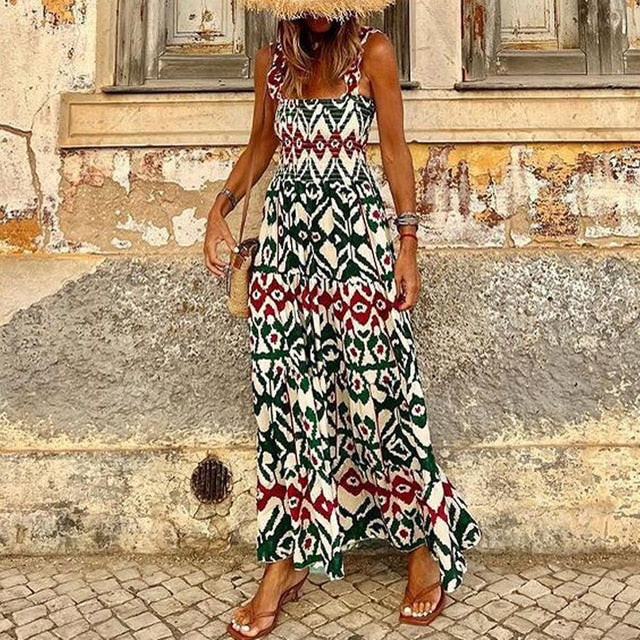 Women Floral Print Halter Maxi Dress with Smocked Waist | Lesley