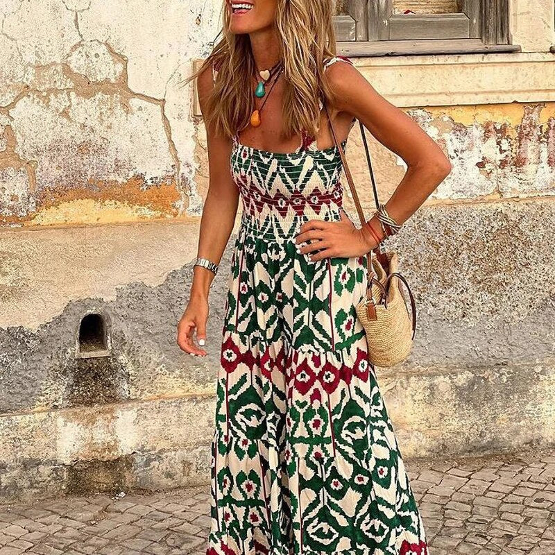 Women Floral Print Halter Maxi Dress with Smocked Waist | Lesley