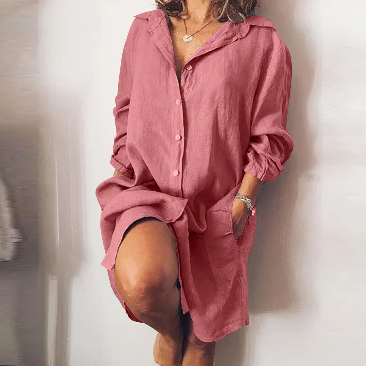 Women Casual Oversized Button-Up Shirt Dress with Pockets | Carmen