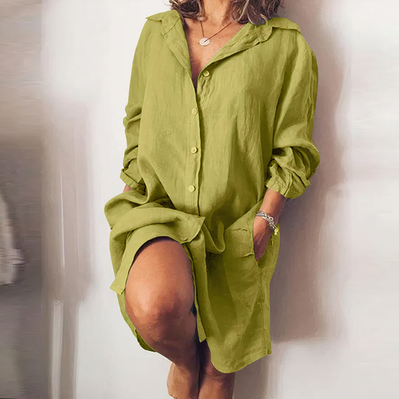 Women Casual Oversized Button-Up Shirt Dress with Pockets | Carmen