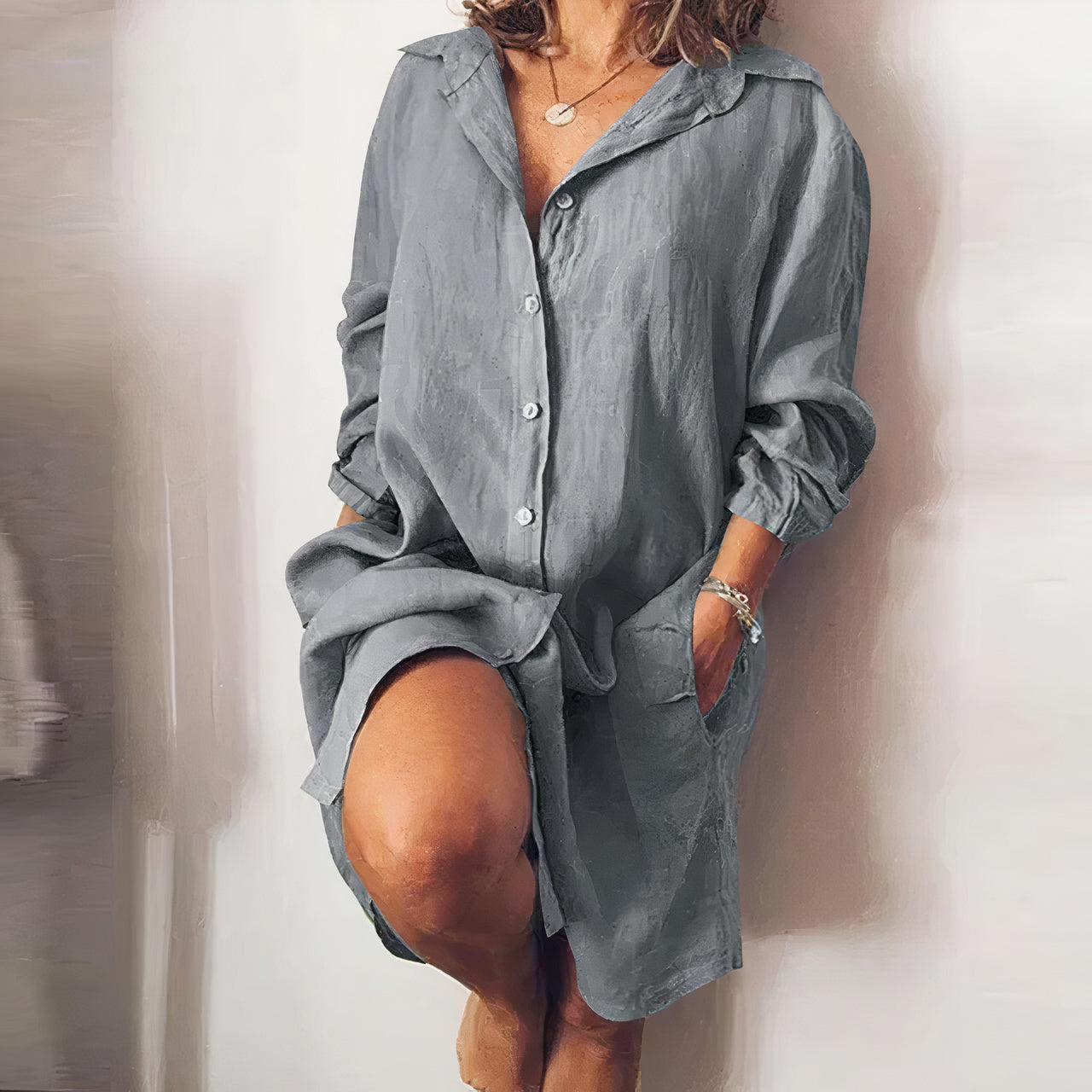 Women Casual Oversized Button-Up Shirt Dress with Pockets | Carmen