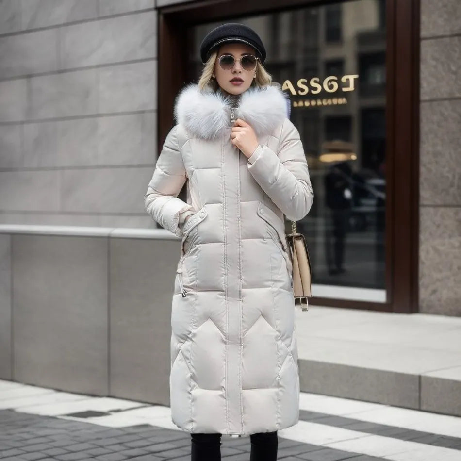Women Long Puffer Coat with Faux Fur Hood | Tania