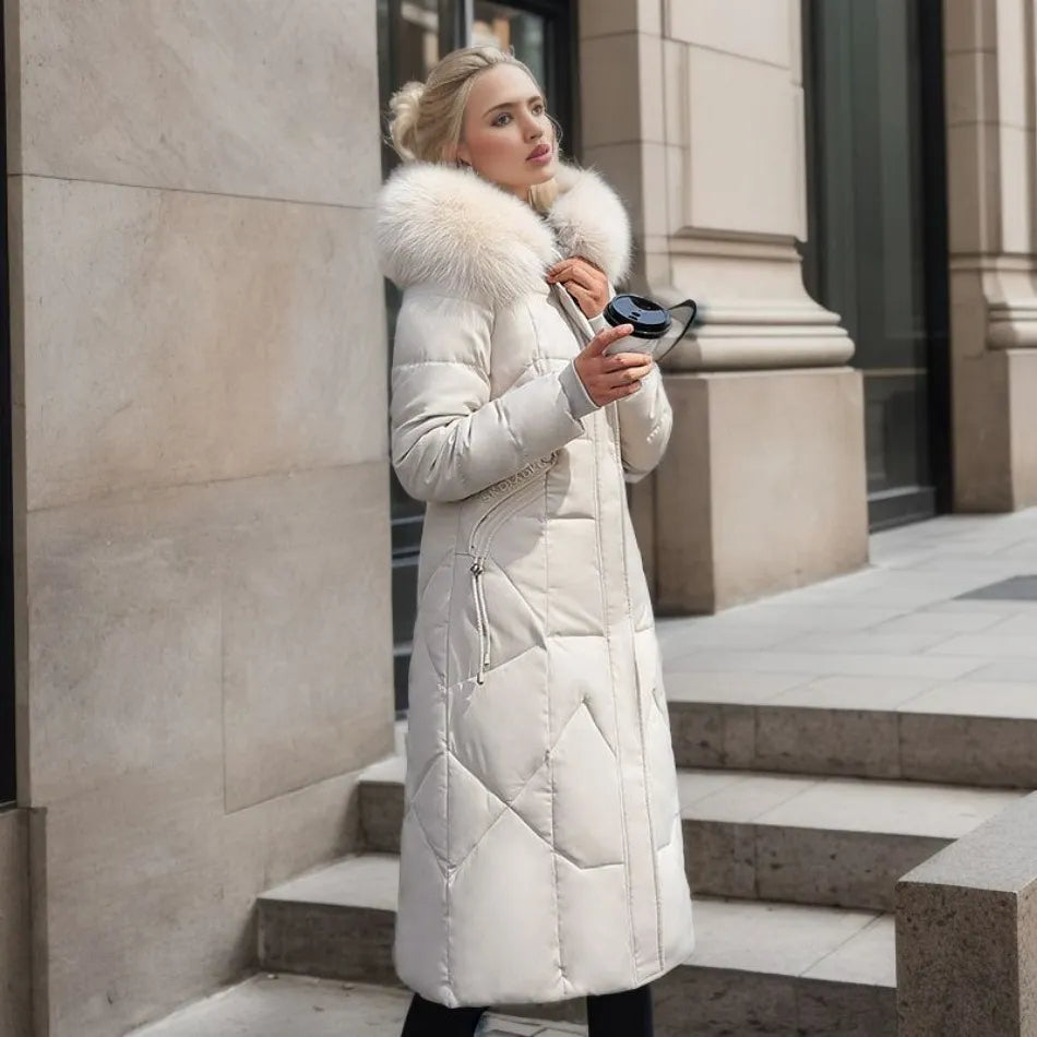 Women Long Puffer Coat with Faux Fur Hood | Tania