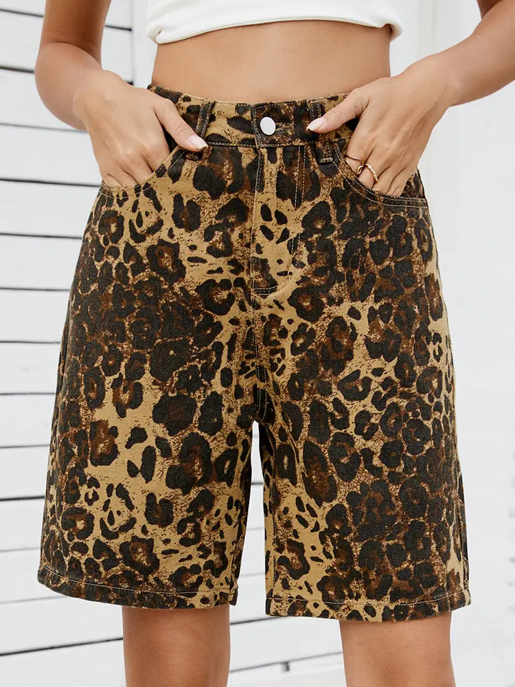 Women Denim Shorts Leopard Print Slimming | Retro Chic-1