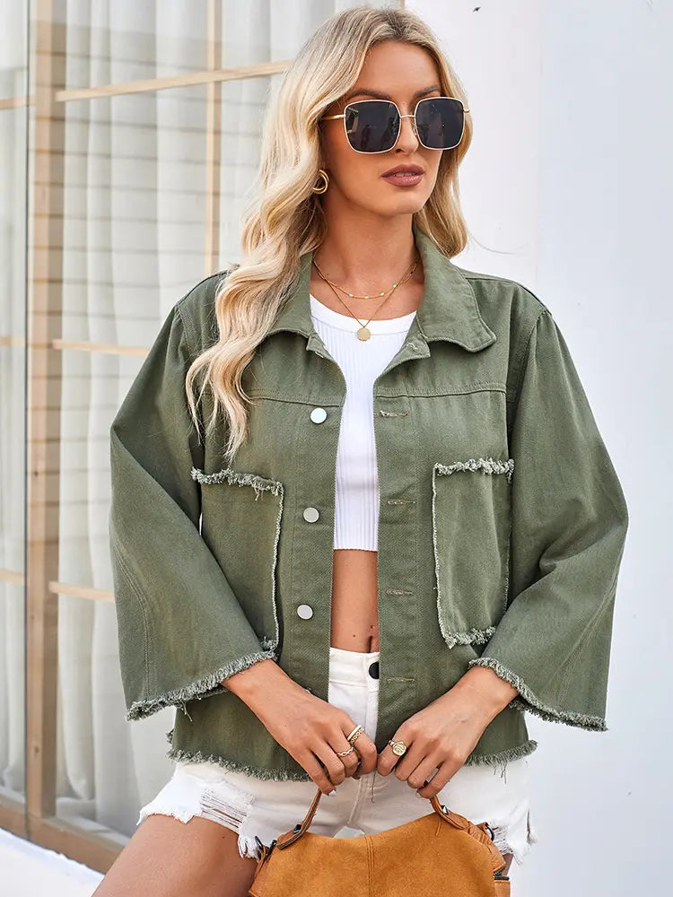 Women Denim Jacket Army Green Cotton | Ava-2