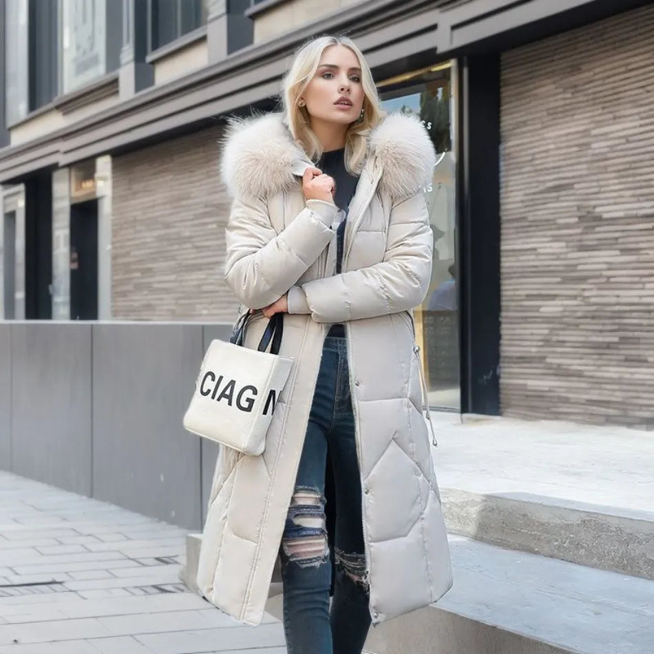 Women Long Puffer Coat with Faux Fur Hood | Tania