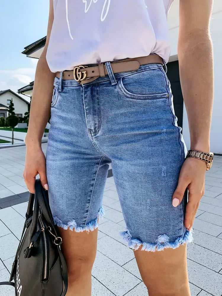 Women Denim Shorts Blue Distressed Cotton | Summer Vibes-1