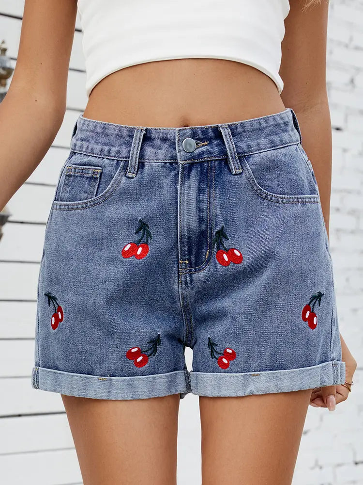 Women Denim Shorts Blue Cotton | Cherry Blossom-2