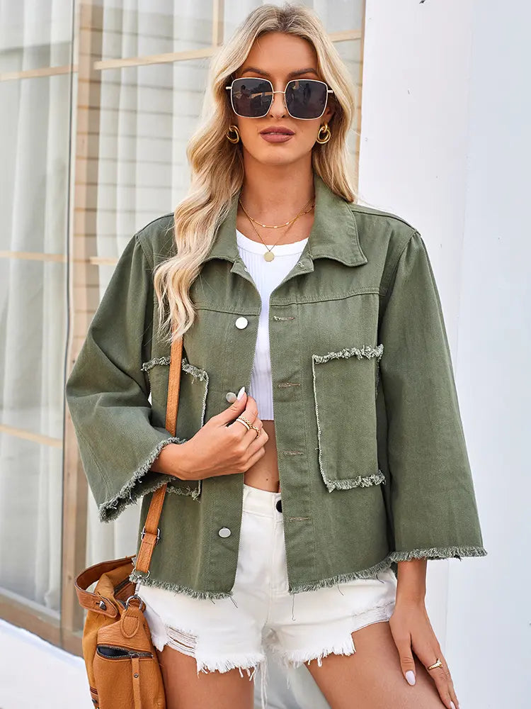 Women Denim Jacket Army Green Cotton | Ava-3