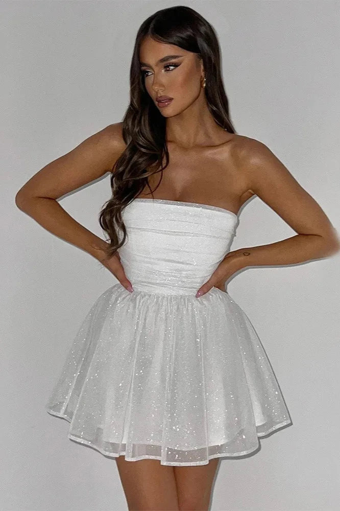 Women Strapless Glitter Mini Dress with Flared Skirt | Isabelle
