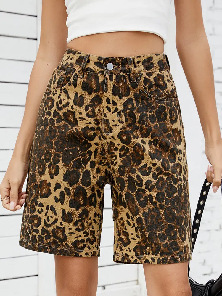 Women Denim Shorts Leopard Print Slimming | Retro Chic-3