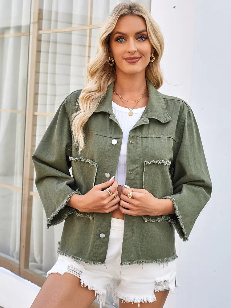 Variant image for Women Denim Jacket Army Green Cotton | Ava-1