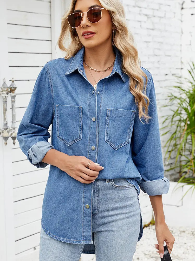 Men's Long Sleeve Denim Shirt Blue Cotton | Casual Style-2