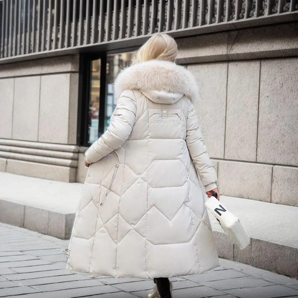 Women Long Puffer Coat with Faux Fur Hood | Tania