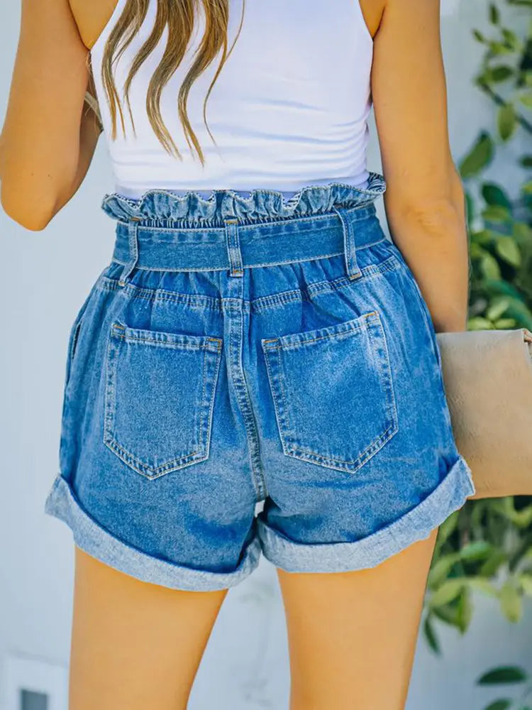 Women Denim Shorts Blue Cotton | Elegant Bow-Tie-5