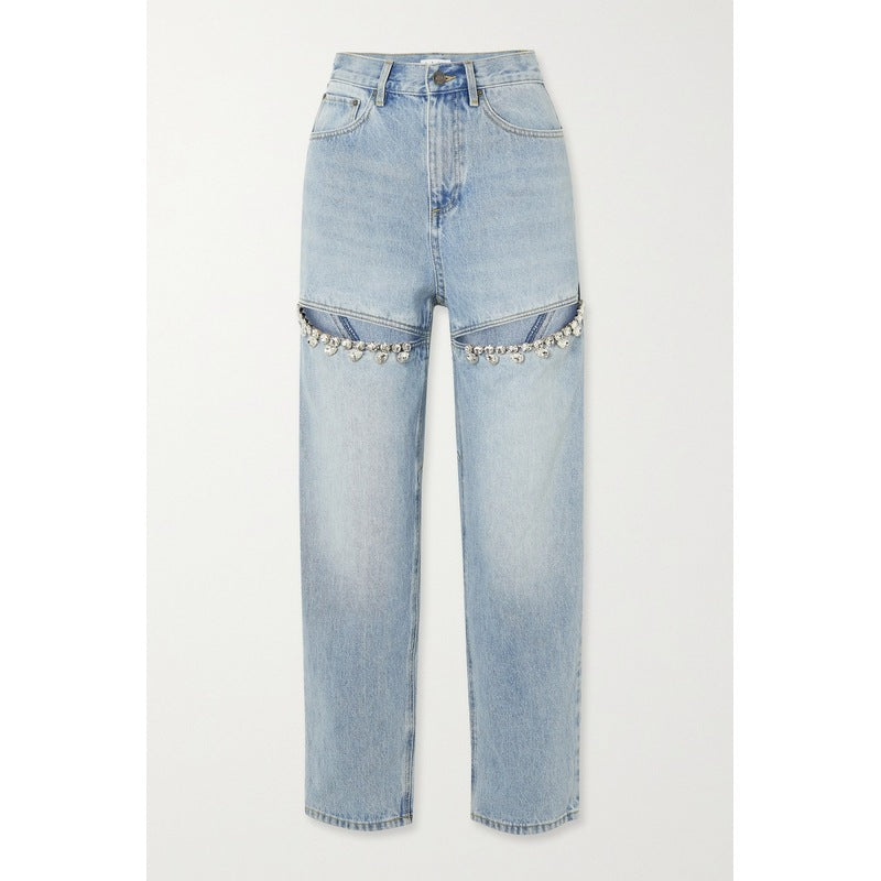 Women Straight Leg Jeans Light Blue Cotton | Crystal Elegance-3