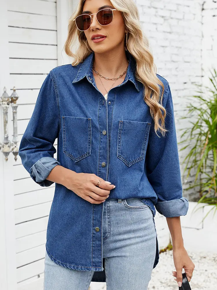 Men's Long Sleeve Denim Shirt Blue Cotton | Casual Style-6