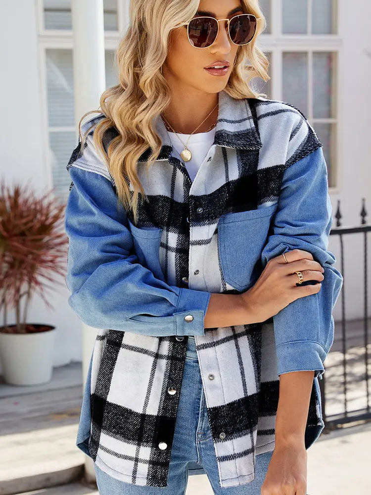 Women Denim Jacket Black and White Plaid | Trendsetter-3